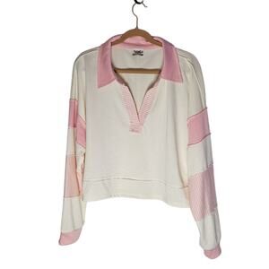 Arula Preppy Cropped Collared Sweatshirt Pink and White Size B 18/20 V-Neck